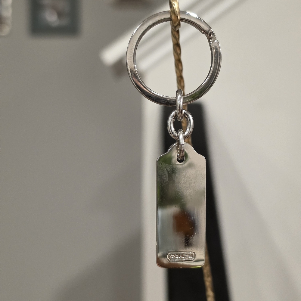 Coach Silver Rectangular Logo Key Ring with Rhinestone Border - Picture 2 of 11